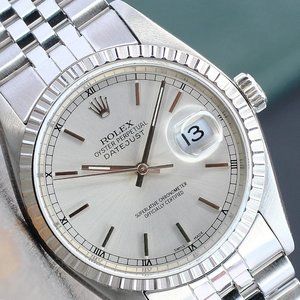 ROLEX MENS DATEJUST WATCH STAINLESS STEEL SILVER INDEX DIAL 36MM REF# 16030